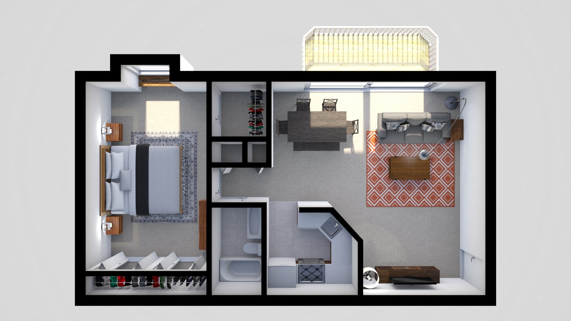 Floor plan for 1 bed, 1 bath, 726 sqft